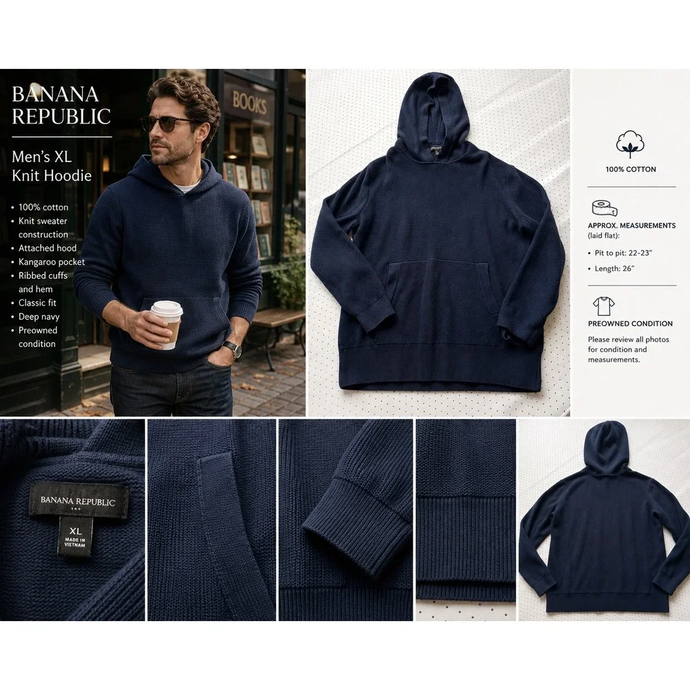Banana Republic Mens XL Navy Blue 100% Cotton Knit Hoodie Sweater Pullover XL